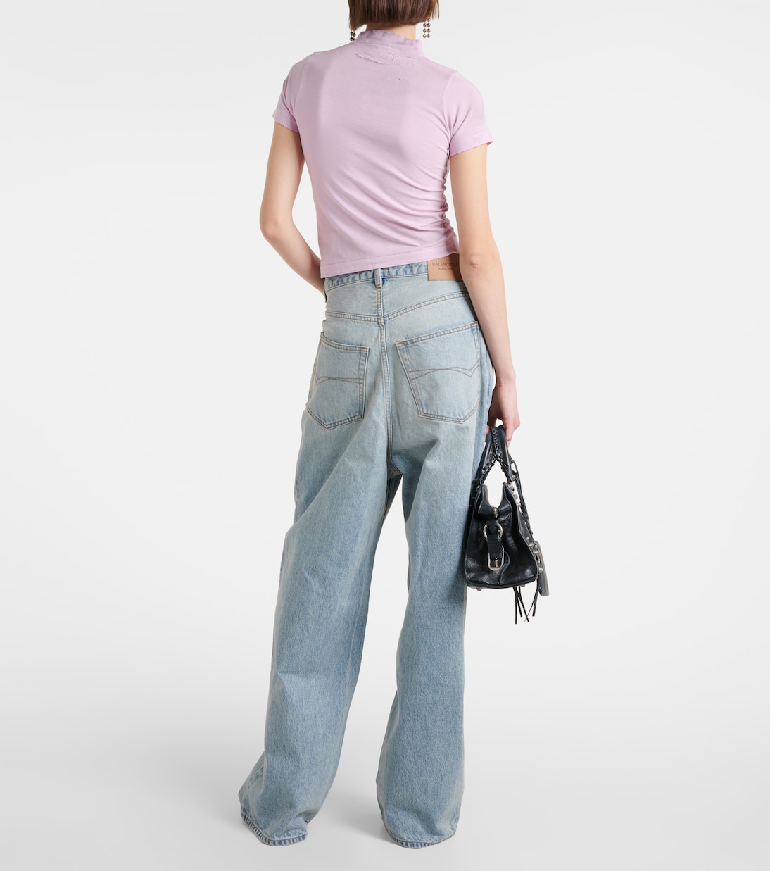 Обрезанная хлопковая футболка из джерси Balenciaga, Light Pink/White — фото 3