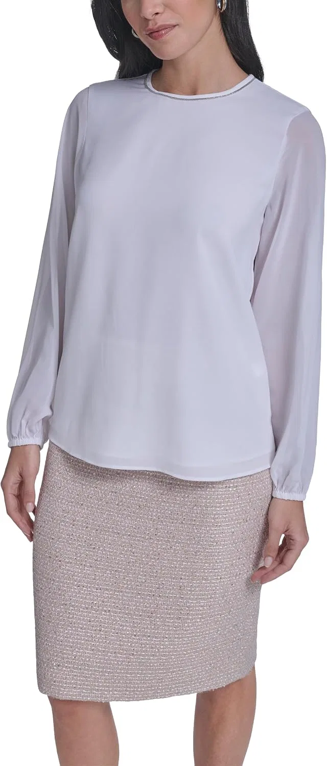 Блуза с длинным рукавом Long Sleeve Neck Trim Blouse, Calvin Klein, белый