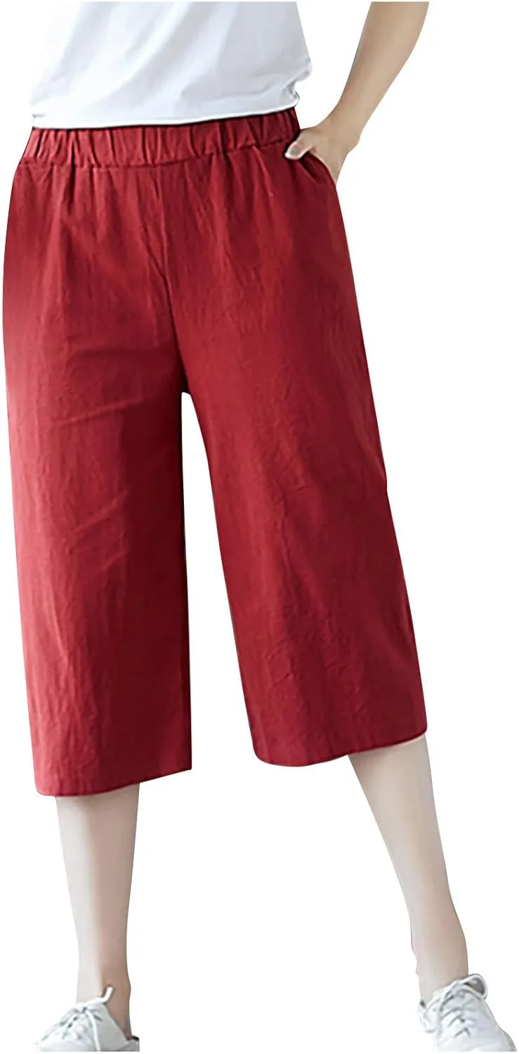 

Женские льняные капри с высокой эластичной талией и широкими штанинами