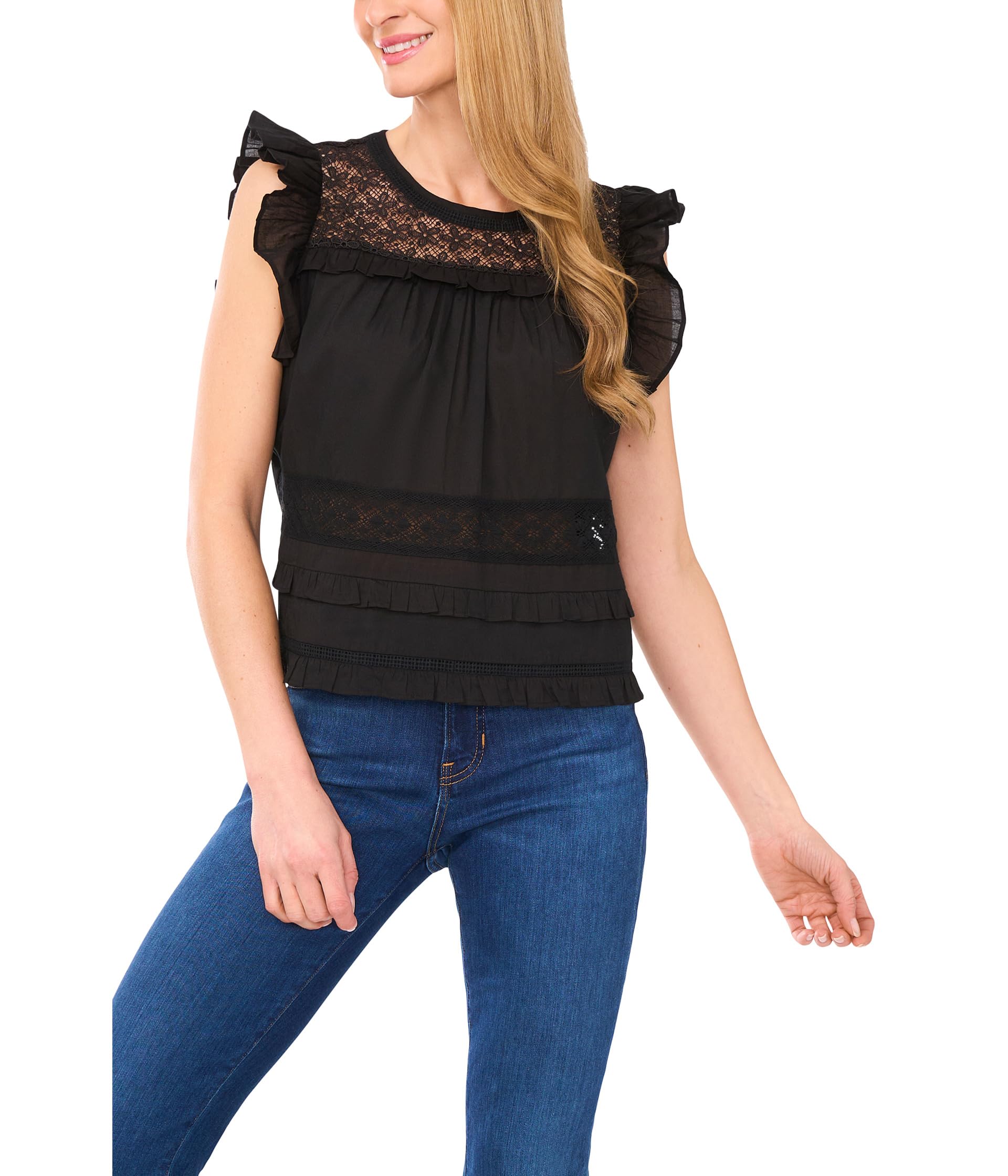 

Топ CeCe Lace Inset Ruffle Detail Top, Rich Black