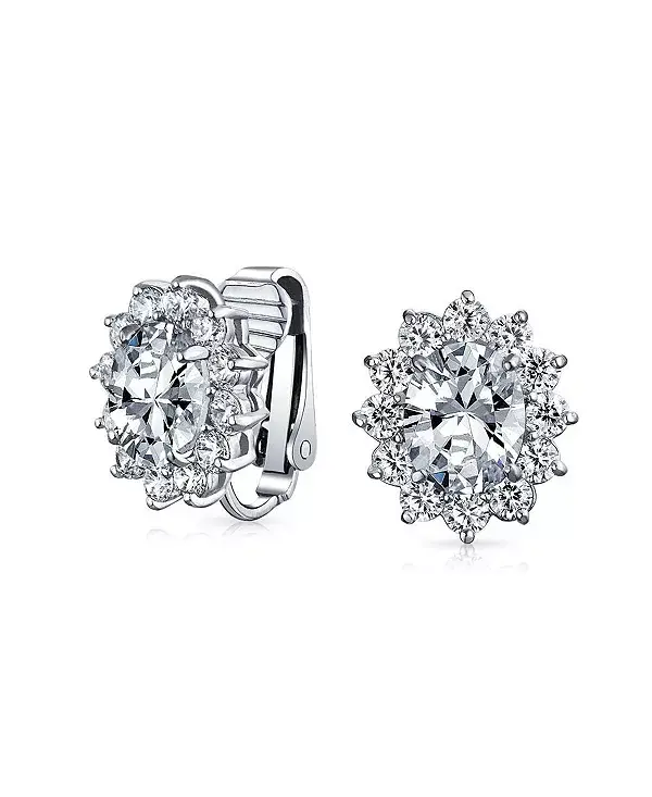 

Классические овальные серьги-клипсы с кубическим цирконием и короной-ореолом, не прокалываемые уши Bling Jewelry, clear