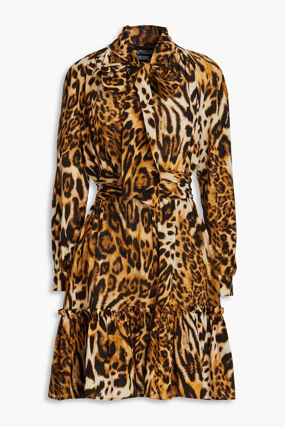 

Платье мини из шелкового крепдешина с леопардовым принтом и бантом BOUTIQUE MOSCHINO, животный принт, Коричневый, Платье мини из шелкового крепдешина с леопардовым принтом и бантом BOUTIQUE MOSCHINO, животный принт