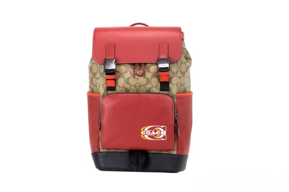 

Рюкзак Track Colorblock Khaki Canvas Red Leather Logo Stamp Bag Coach