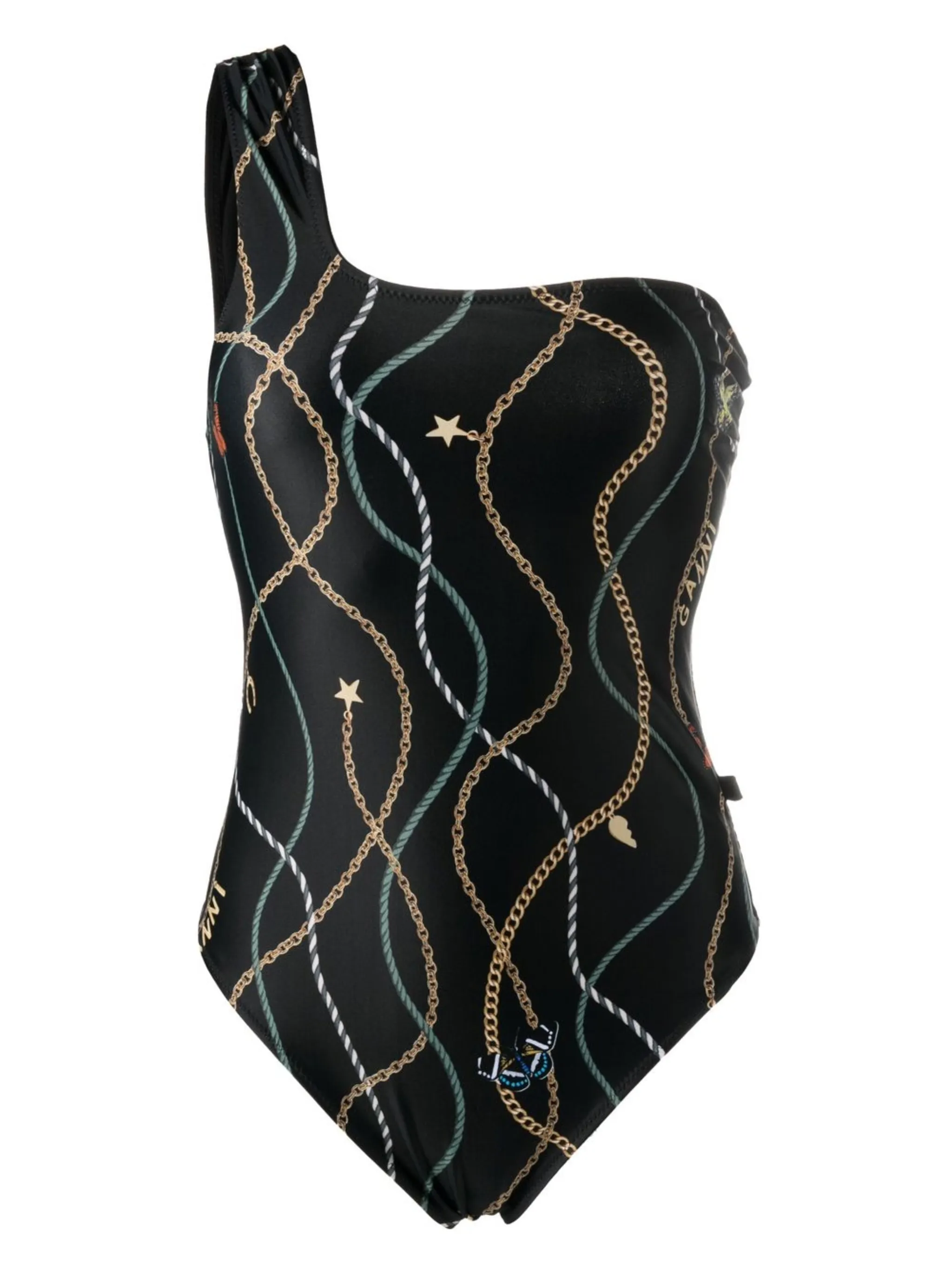 

Купальник на одно плечо с графичным принтом Ganni, черный