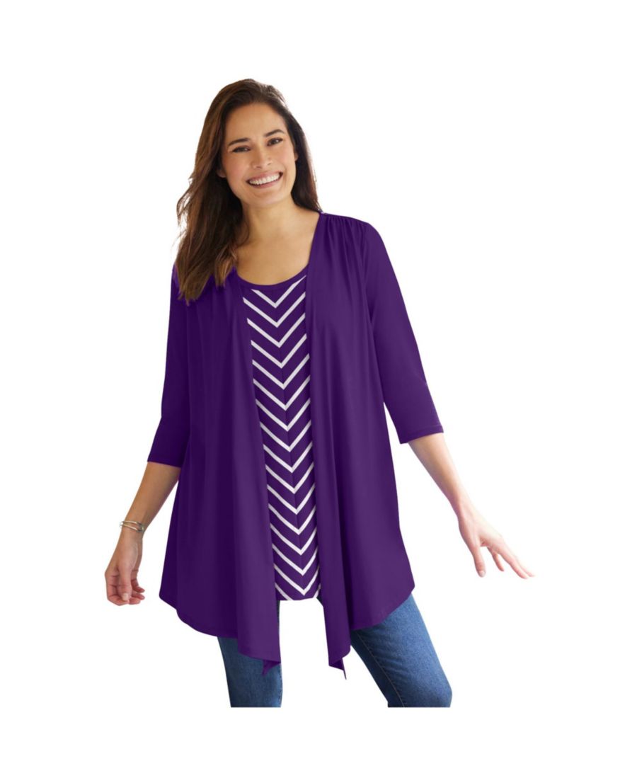 

Туника большого размера, многослойная, 2-в-1, для ношения на протяжении 7 дней Woman Within, Radiant purple bias stripe