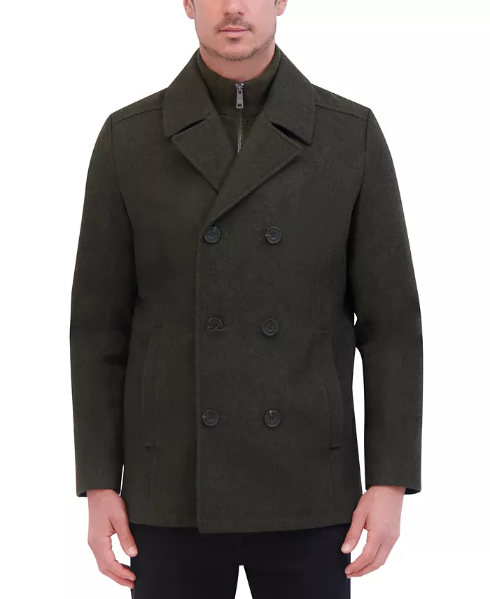 

Мужское двубортное пальто из шерстяной смеси Peacoat с нагрудником Kenneth Cole, зеленый