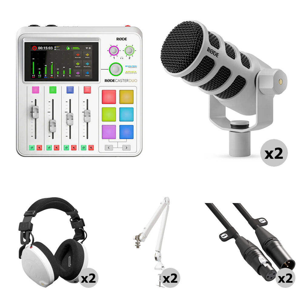 

Комплект для подкастинга RODE RODECaster Duo для 2 человек с микрофонами PodMics, студийными штангами, наушниками и кабелями (белый)