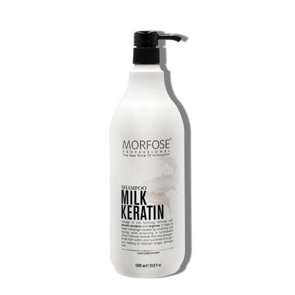 

Шампунь Milk Keratin 1000 мл с протеинами кератина и аргинином укрепляет волосы и придает им блеск. Не содержит сульфатов и парабенов. Удобный флакон с дозатором Morfose