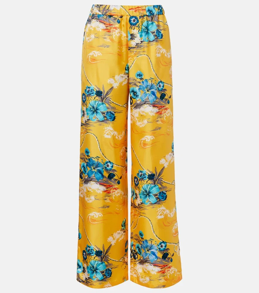 Брюки-палаццо Gucci из шелковой саржи, с принтом, желтый