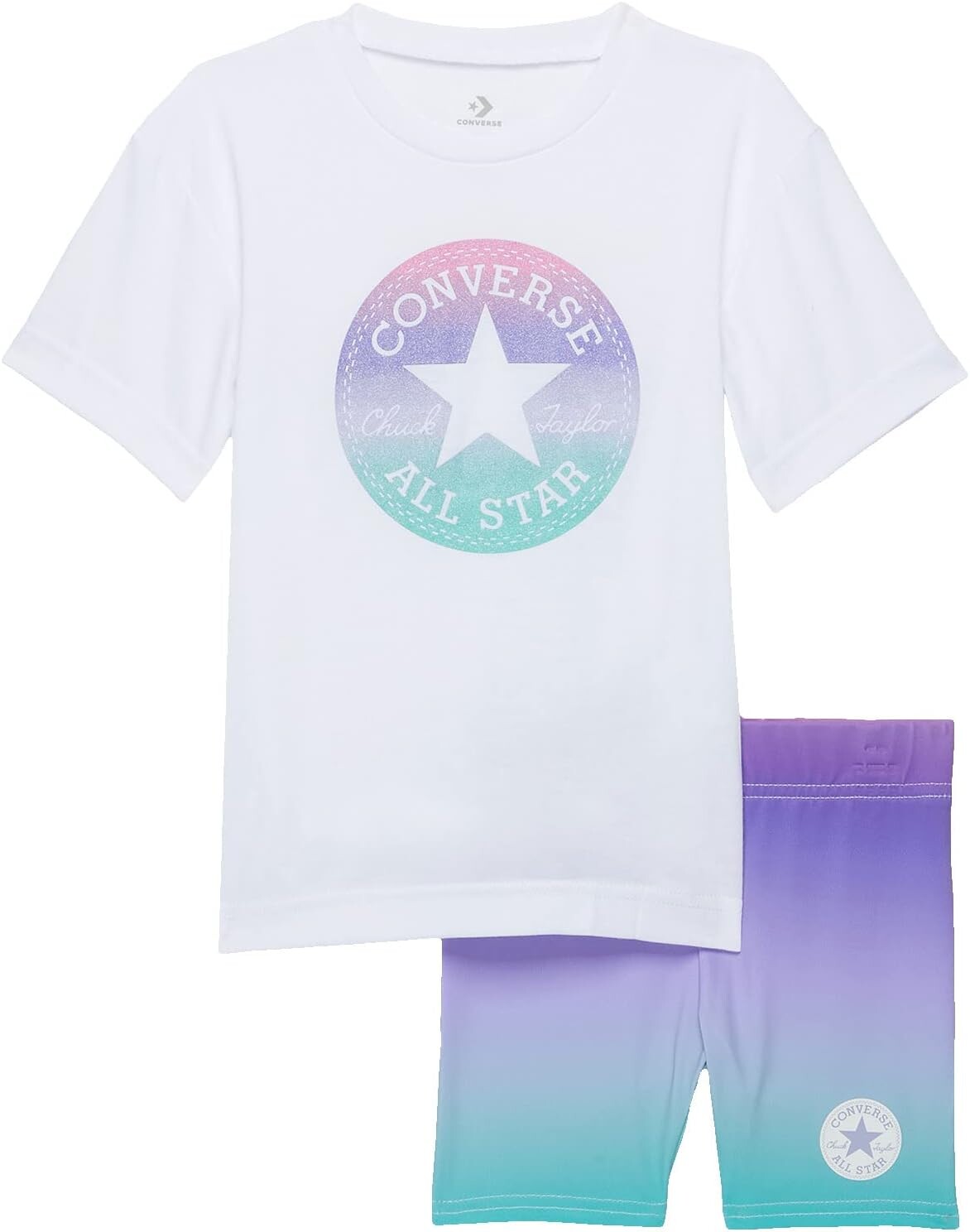 

Детский набор Converse Glitter Chuck Patch Elongated T-Shirt and Gradient Print Bike Shorts Set, белый