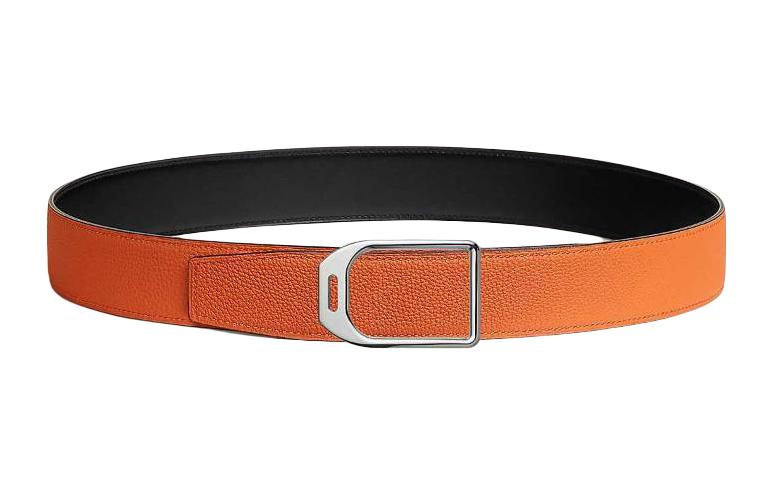 HERMES Стильные стремена с гладкой пряжкой кожаный ремень мужской черный оранжевый ширина 3.8 см, Black/Orange — фото 3