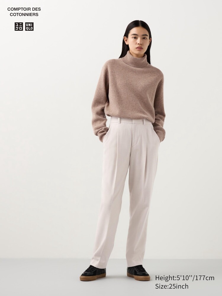 

Твидовые плиссированные зауженные брюки длинные Uniqlo, цвет 30 бежевый