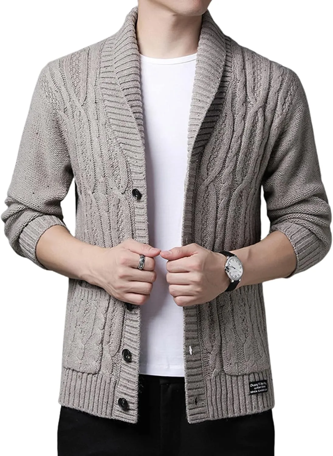 

Мужской кардиган с открытой передней частью, кабельной вязкой и воротником-шалью utcoco