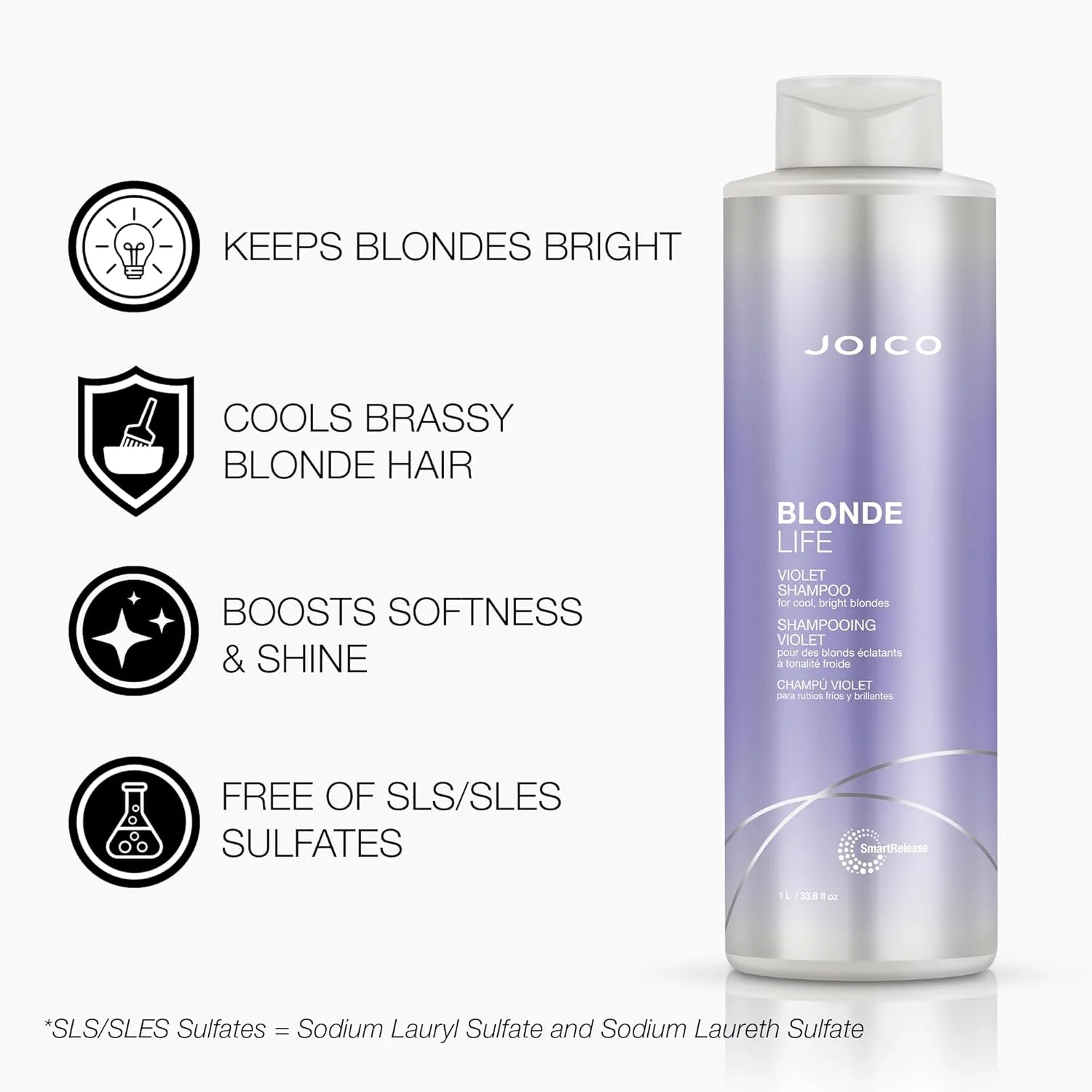 Joico Blonde Life Violet шампунь и кондиционер для холодных и ярких блондинок, нейтрализует медные и желтые оттенки, усиливает блеск, без сульфатов, с маслами монои и таману 1000 мл (2 шт.) — фото 2