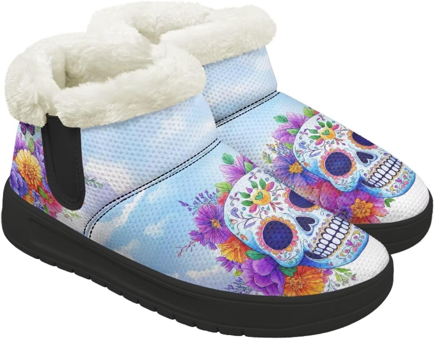

Ботинки Forchrinse для женщин и мужчин, зимние теплые с меховой подкладкой, удобные пушистые ботинки с противоскользящей подошвой, Skull Flowers