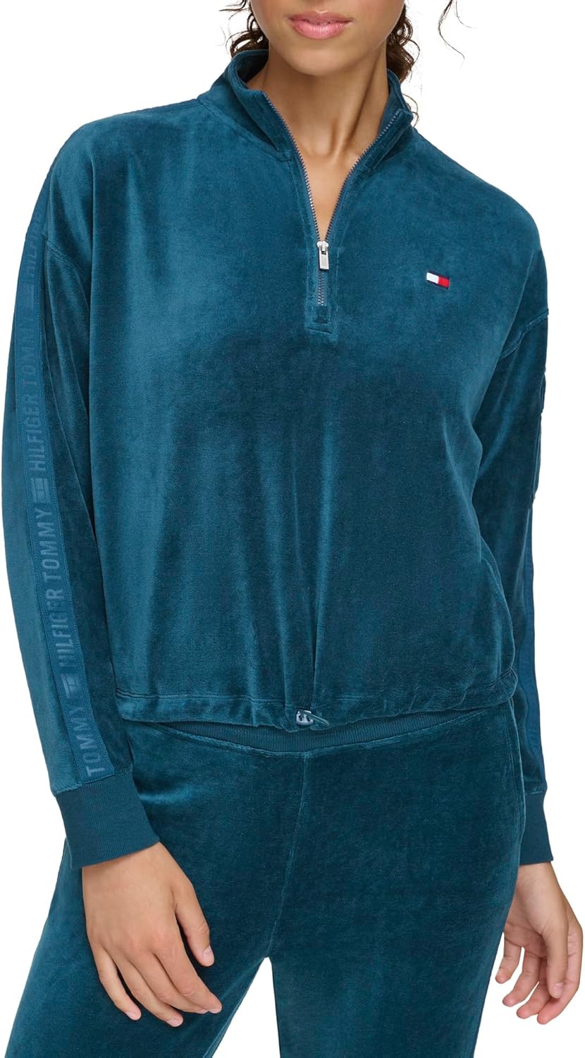 Женский укороченный велюровый свитер Tommy Hilfiger с тисненым логотипом и кантом на молнии, Oceanic Green — фото 2