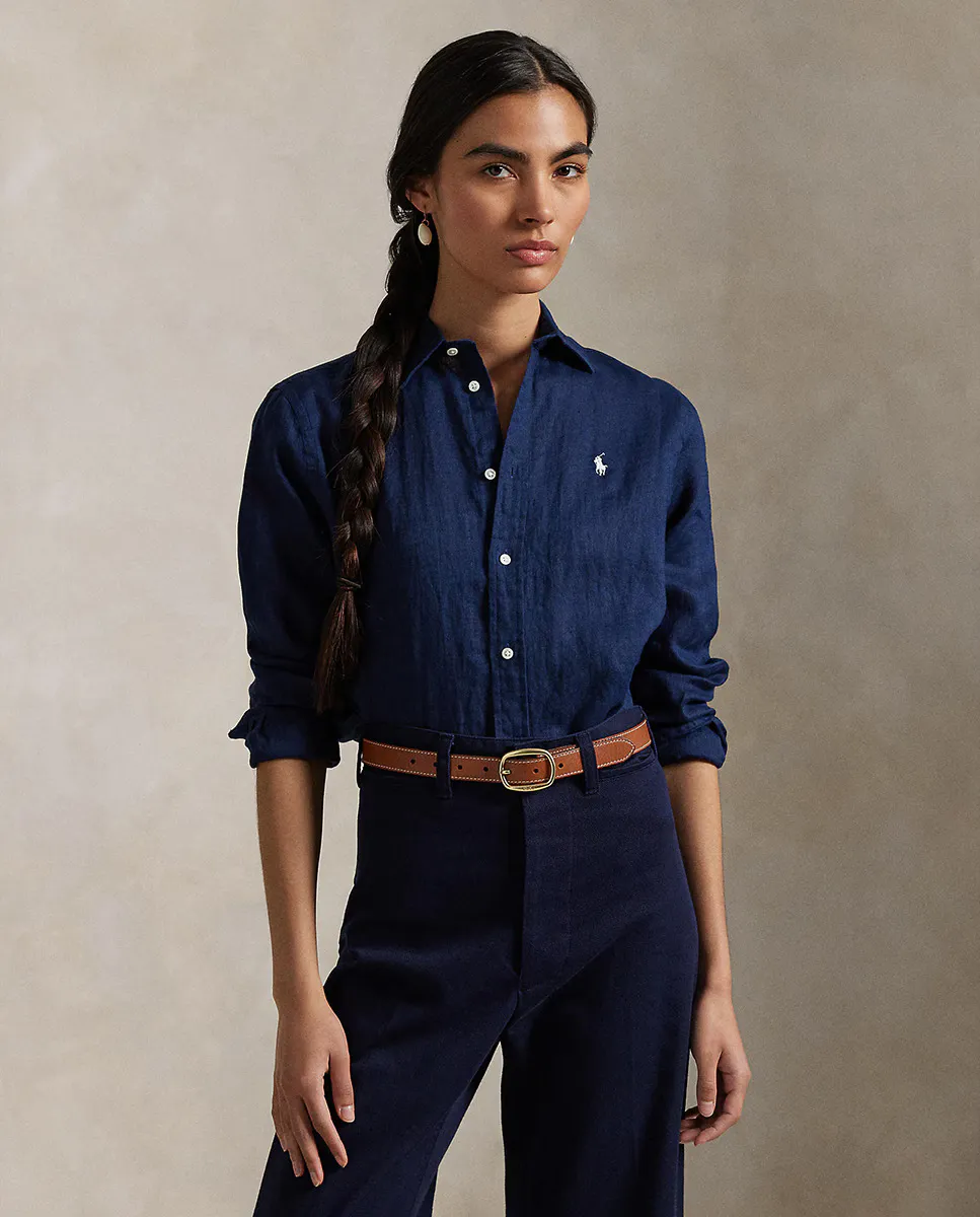 

Женская льняная рубашка с длинными рукавами Polo Ralph Lauren, темно-синий