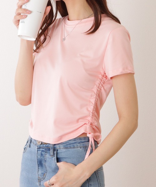 

Футболка женская с коротким рукавом, круглым вырезом и боковыми сборками Lace Ladies, розовый