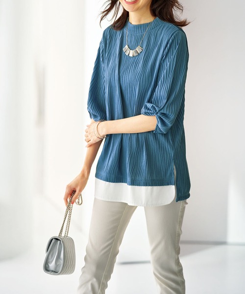 

Футболка из жаккардовой ткани с волнообразным узором и декоративной вставкой по низу BELLUNA PLUS, синий