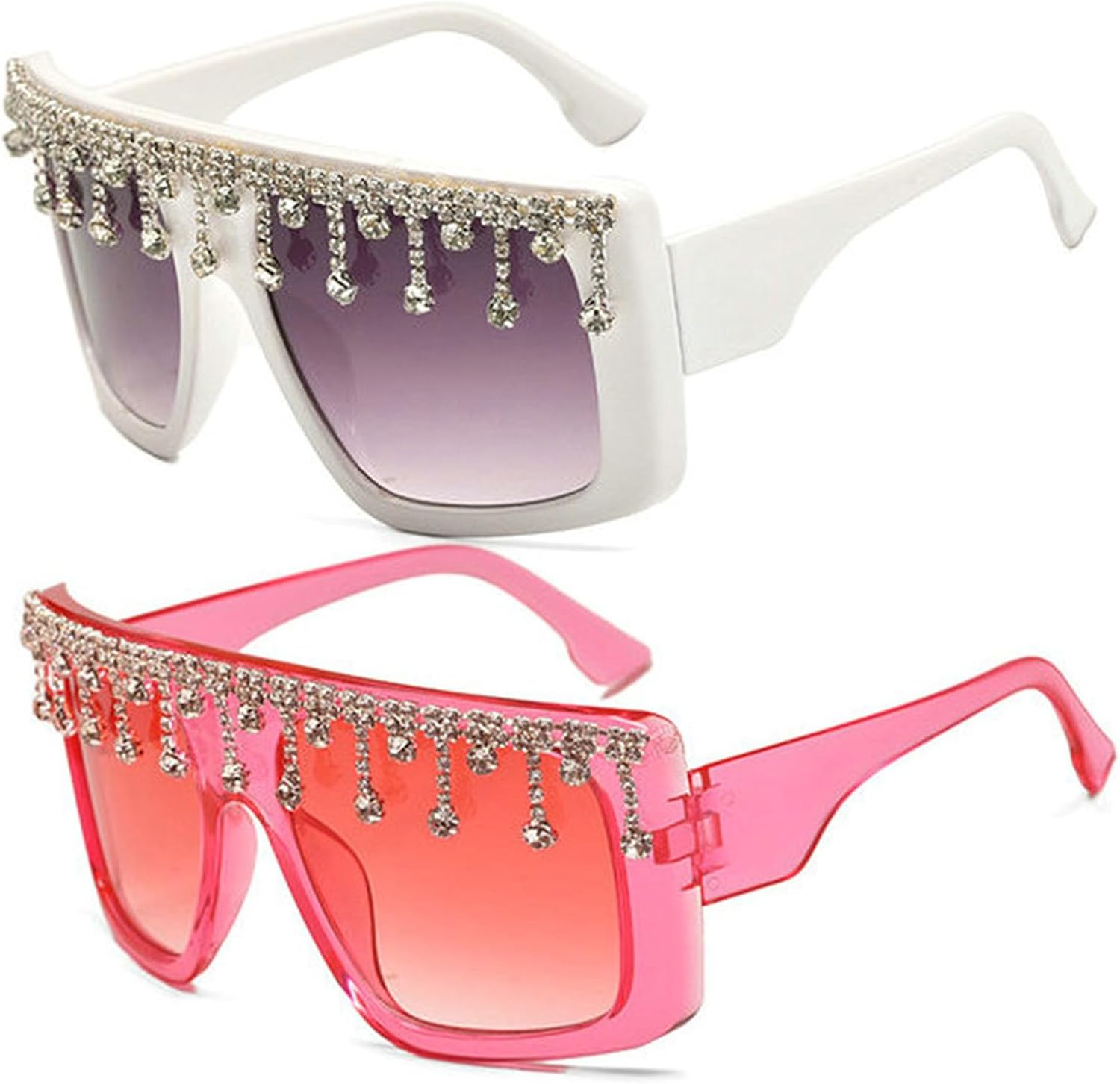 

Солнцезащитные очки Willochra Oversized Shield Sport с кристаллами для женщин и мужчин, с плоской верхней частью, цельные, с бриллиантами, для вечеринок, 2pcs-white&rose