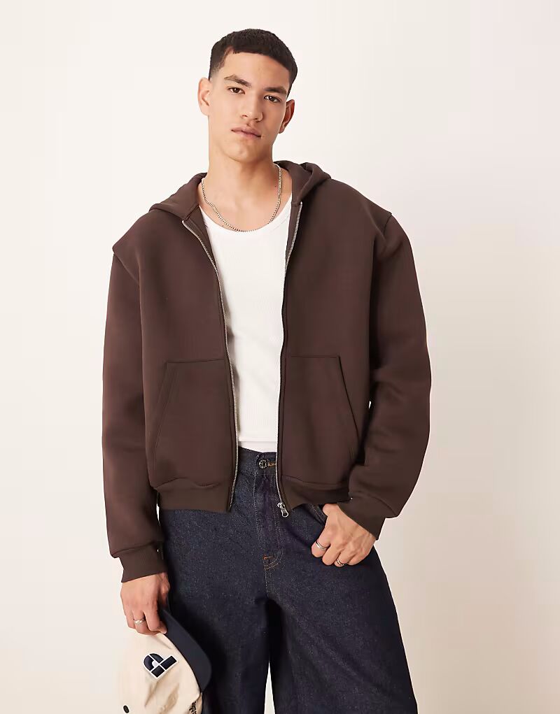 

Толстовка с капюшоном ASOS DESIGN свободного кроя с застежкой-молнией и водолазным принтом коричневого цвета