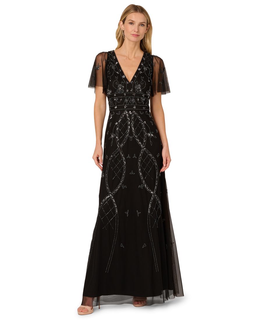 

Женское платье с расшитыми бисером рукавами-крылышками Adrianna Papell, Black