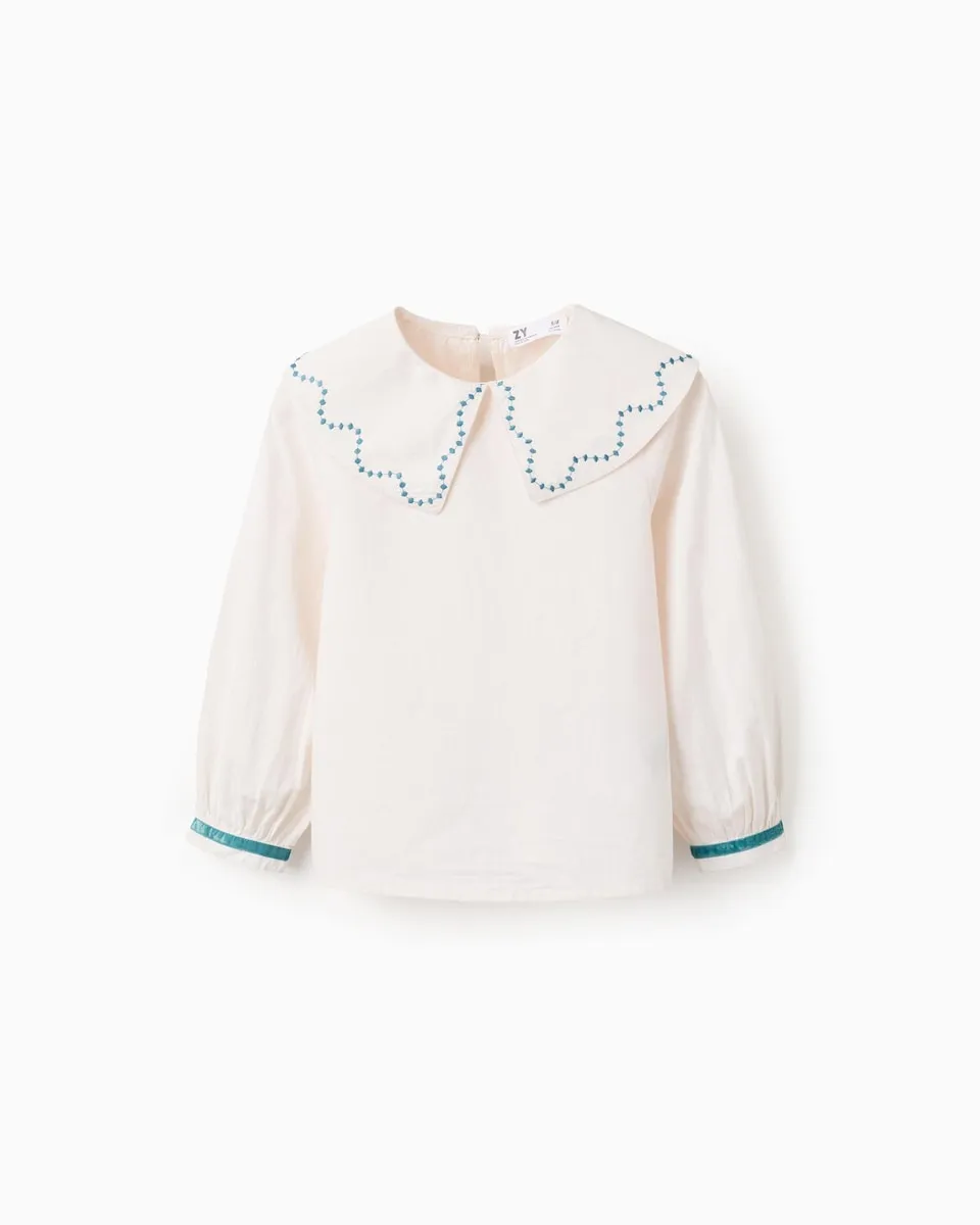 

Детская блузка для девочки с длинными рукавами из поплина с вышитыми деталями Zippy, белый/бирюзовый