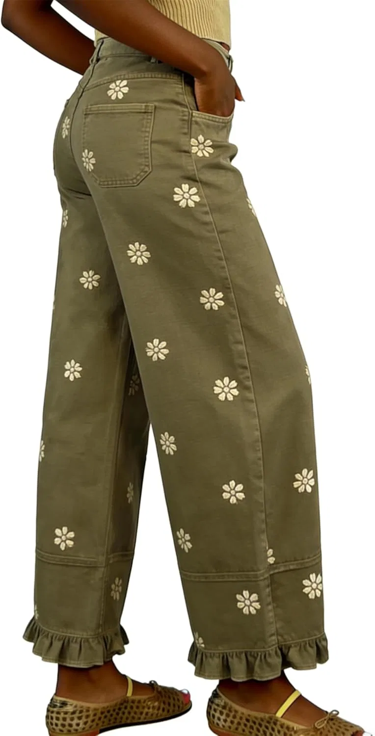 Джинсы с цветочным принтом, Barrel Jeans, зеленые — фото 4