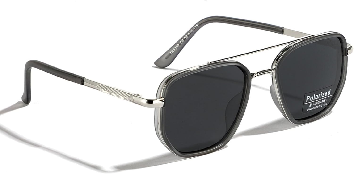 

Поляризованные солнцезащитные очки TR90 для женщин, винтажные квадратные солнцезащитные очки с плоской верхней частью, двойная перемычка, металлическая защита от УФ-излучения UV400 Aiulolam, Silver With Black