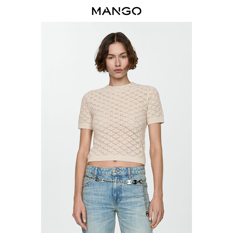 

Женский свитер Mango кружевной с короткими рукавами, розовый