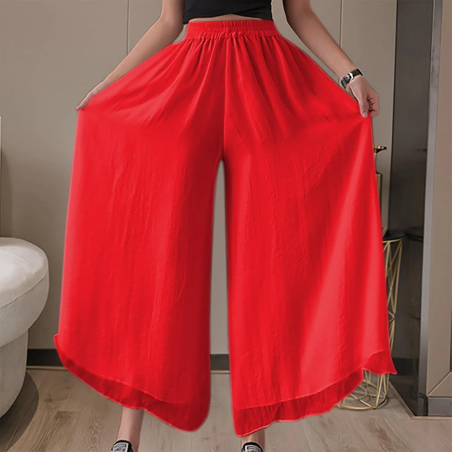 Широкие брюки Casual High Waisted Plus Size элегантные палаццо из шифона с эластичным поясом красные — фото 3