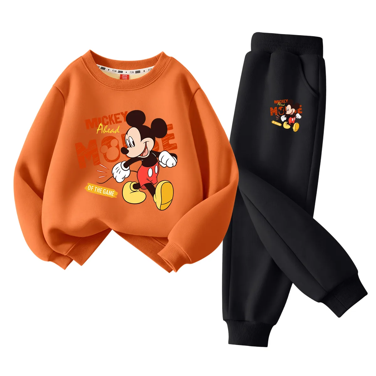 Детский спортивный костюм с круглым вырезом Disney, [Thickened and Fleece-Lined]Di Dai Xiao Qi Jiao Orange+Di Dai Xiao Qi K Black