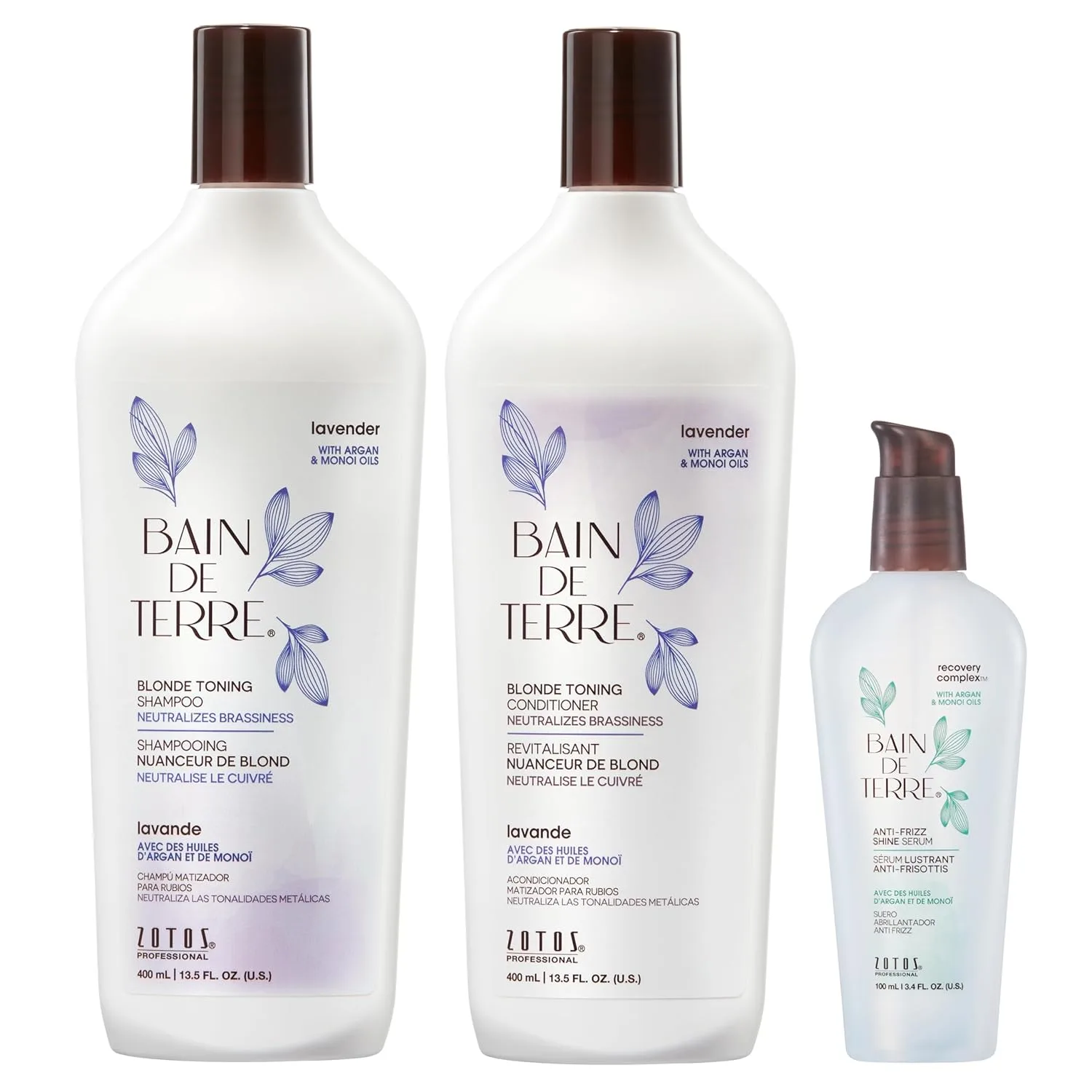 Кондиционер для тонирования Bain de Terre Lavender Blonde, нейтрализует медные оттенки для холодного блонда, мелированных или седых волос, с маслами арганы и монои, без парабенов, веганский, 400 мл 399/112 мл (3 шт.), Green