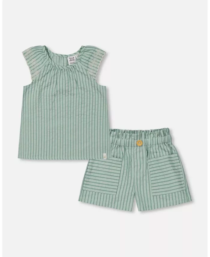 

Комплект из блузки и шорт для девочек Chambray в полоску, цвет мятный Deux par Deux, зеленый