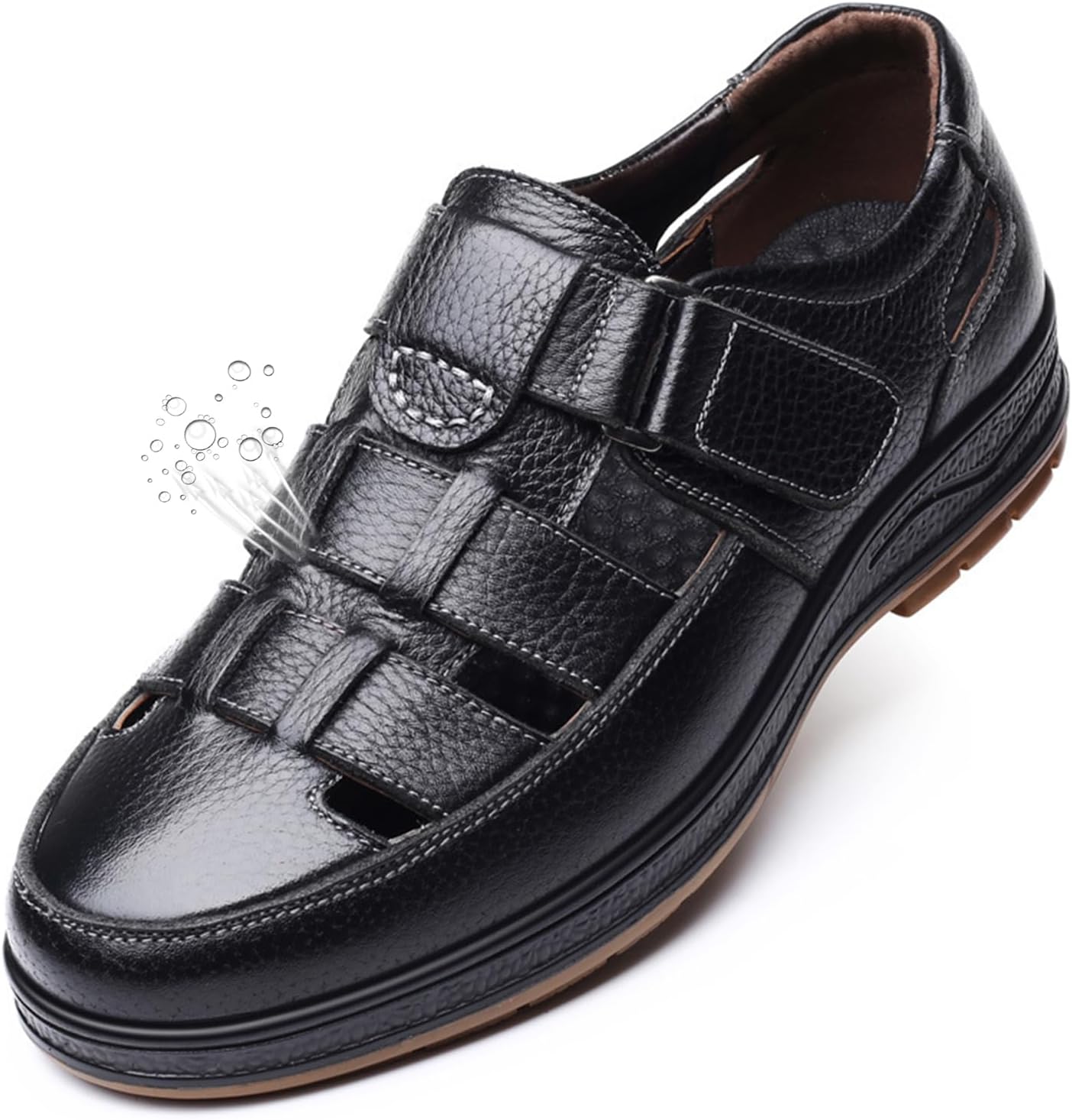 

Мужские кожаные сандалии, спортивная обувь для прогулок на открытом воздухе с регулируемыми ремешками, закрытые водные сандалии, легкие, дышащие, противоскользящие Natlead, черный