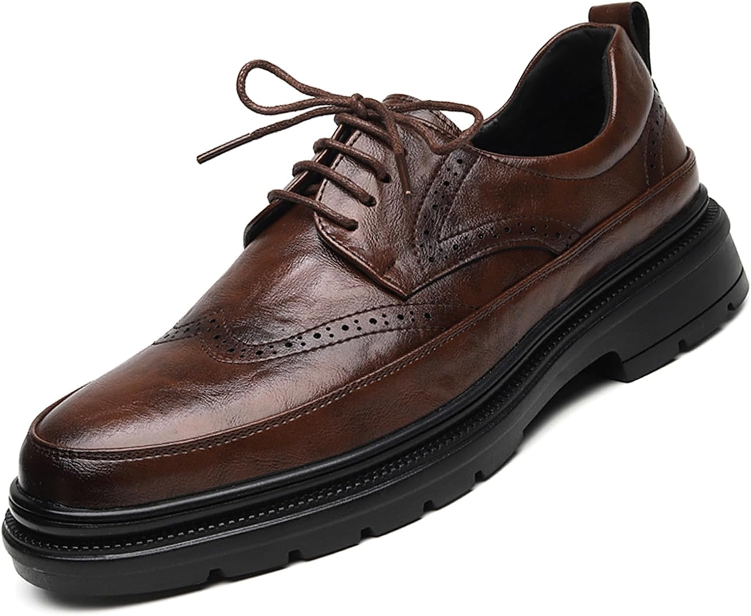 

Мужские кожаные деловые туфли-оксфорды на платформе с крылышками, модные туфли с круглым носком, шнуровкой, низким верхом, броги, вручную сшитые формальные дерби Lossarye, коричневый