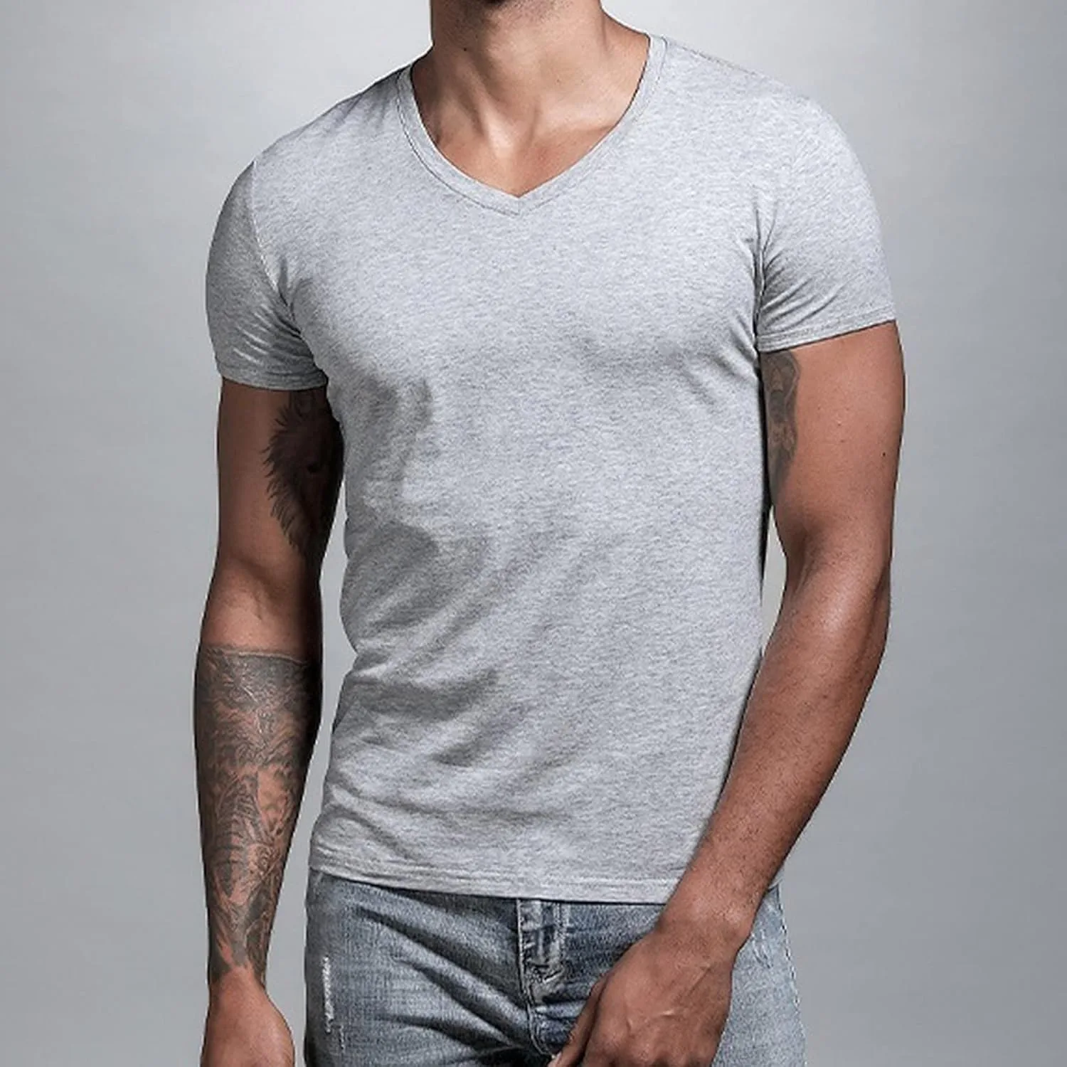 Мужская футболка с V-образным вырезом, короткий рукав, Slim Fit, летняя — фото 2