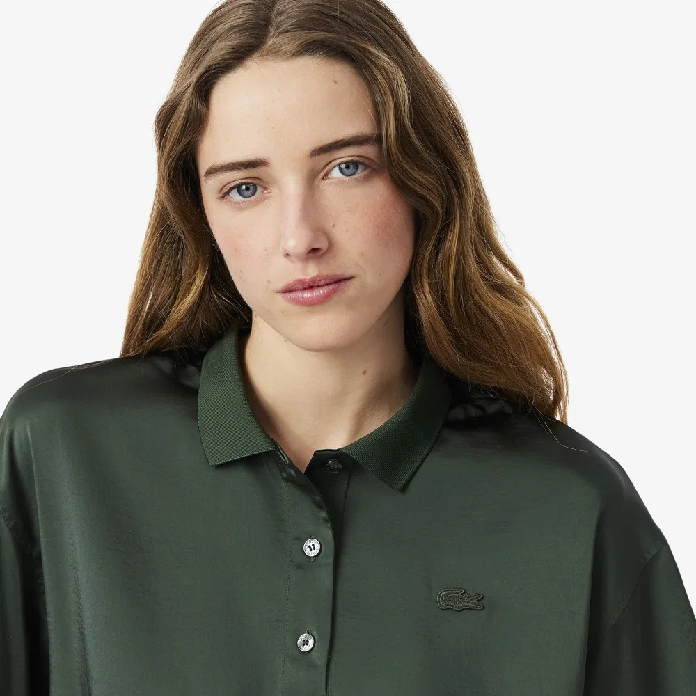 Рубашка-поло Lacoste Шёлковая Оверсайз, Тёмно-хаки — фото 2