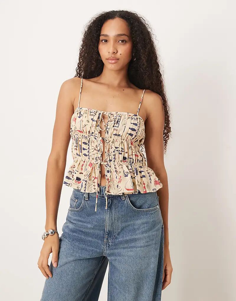 

Топ Abercrombie & Fitch с завязками спереди и рукавами-буфами, кремовый принт