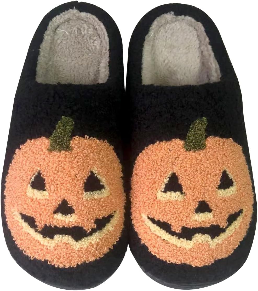 

Хэллоуинские тапочки с тыквой для женщин и мужчин, страшные шлепанцы, мягкие плюшевые домашние тапочки для дома и улицы Qubuwalk, черный
