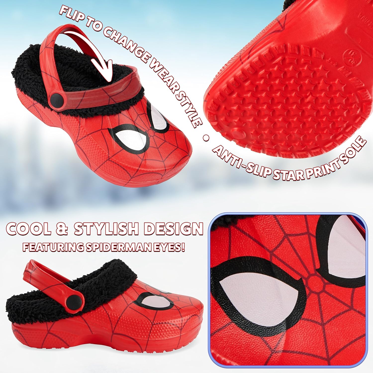 Зимние сабо для мальчиков Marvel Spiderman, с флисовой подкладкой, сабо для сада, подарки Спайди, красный — фото 4
