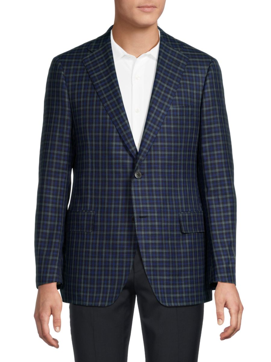 

Клетчатое спортивное пальто классического кроя из шерсти и шелка Samuelsohn, темно-синий