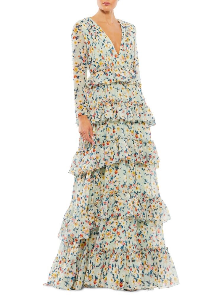 

Многоярусное платье с цветочным принтом и рюшами Mac Duggal, цвет Green Multi