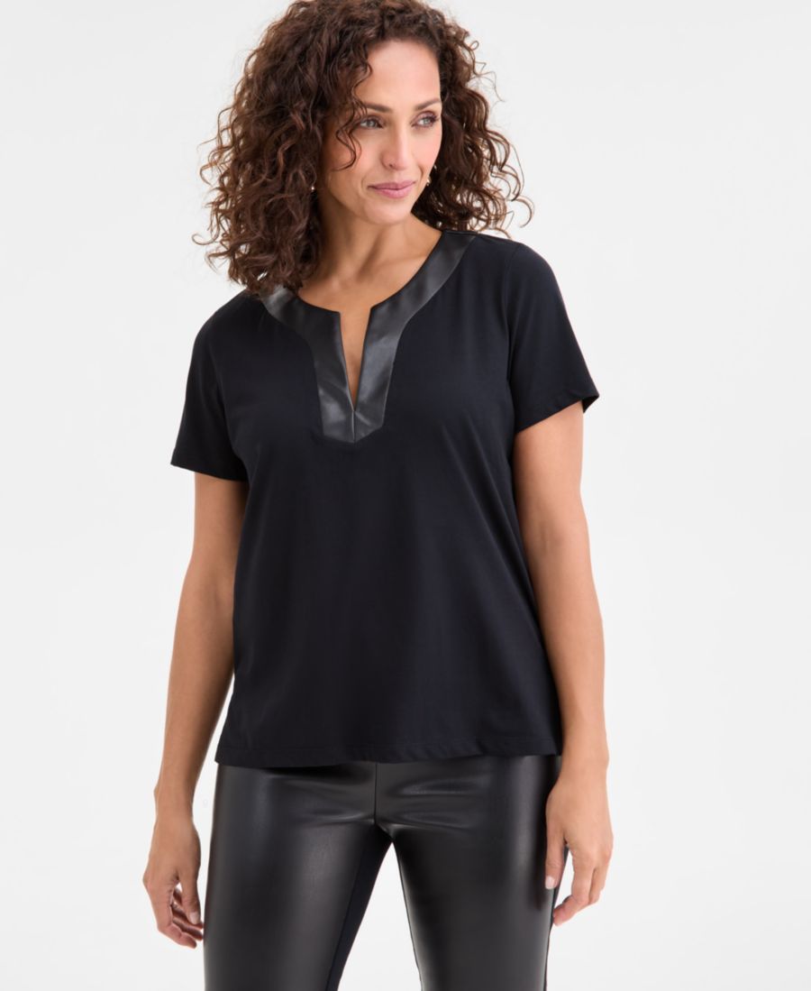 

Женская блузка с разрезом на воротнике и отделкой из искусственной кожи JM Collection, Deep Black