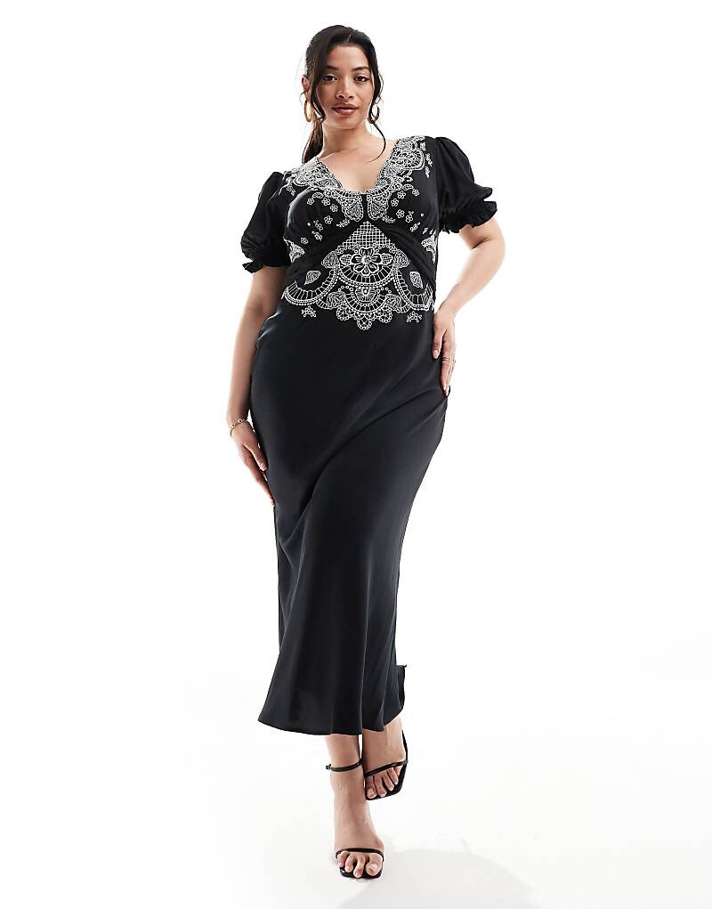 

ASOS DESIGN Curve – Черное атласное платье миди с вышитым узором