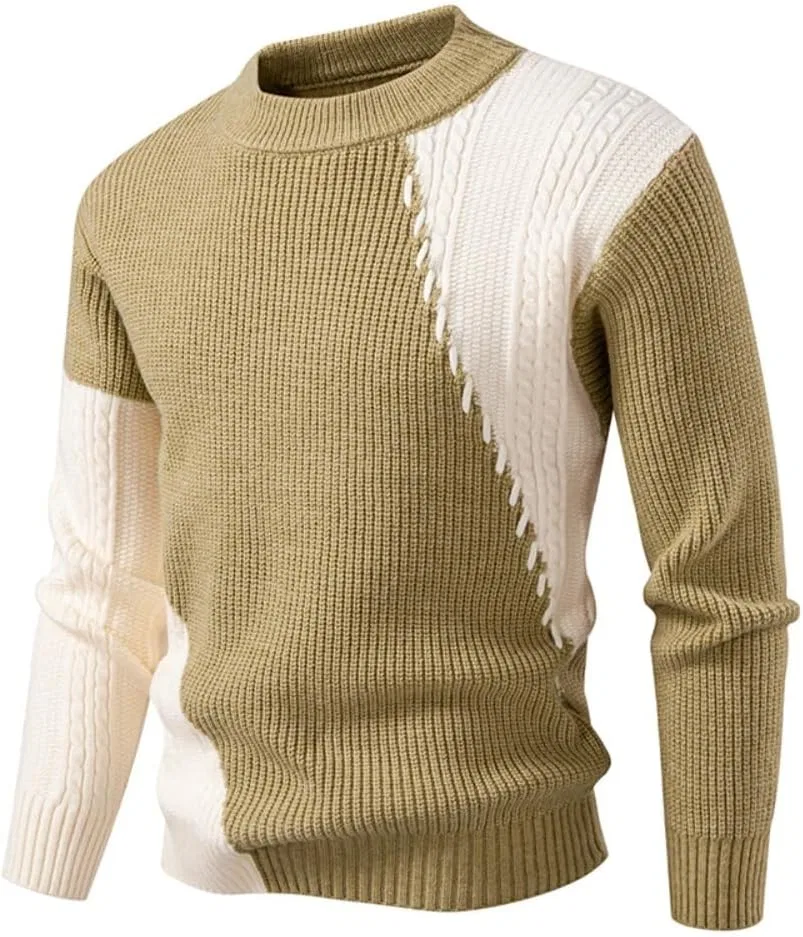 Мужской свитер с круглым вырезом и длинными рукавами, вязаный платочной вязкой, теплый, мягкий, облегающий, для осени и зимы Generic, хаки