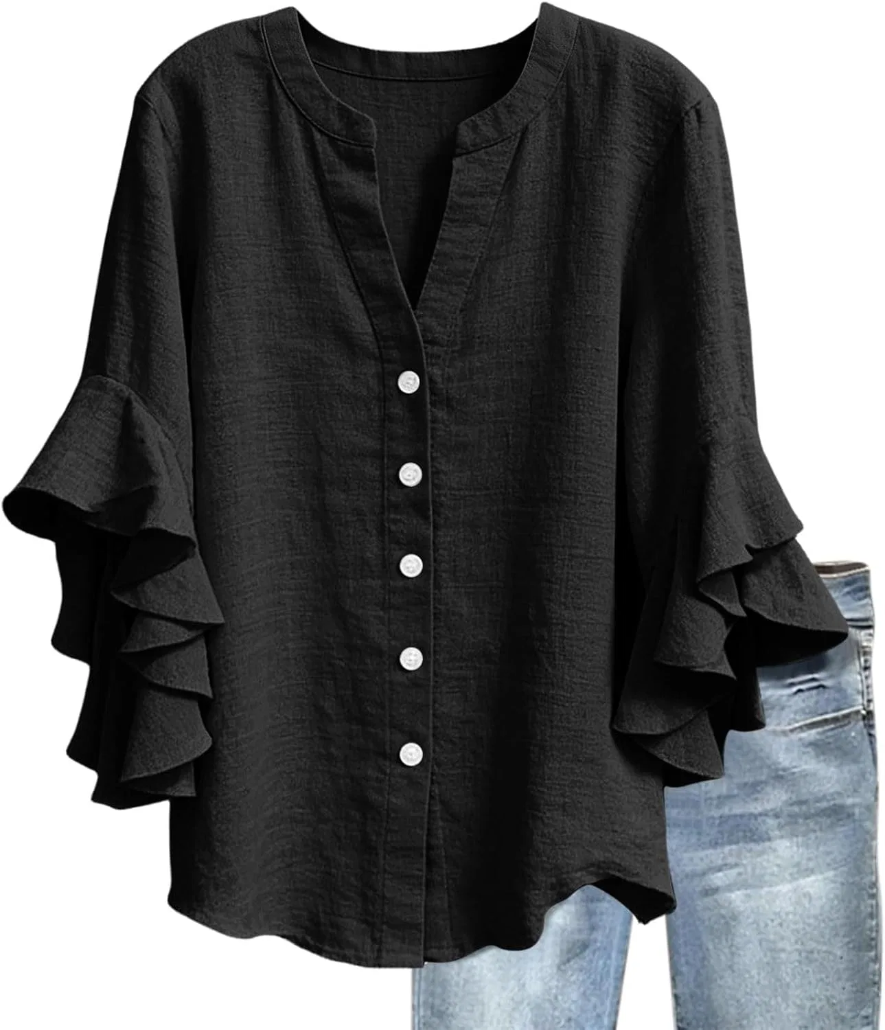 Блуза, V-образный вырез, Button-down, Oversize, черный