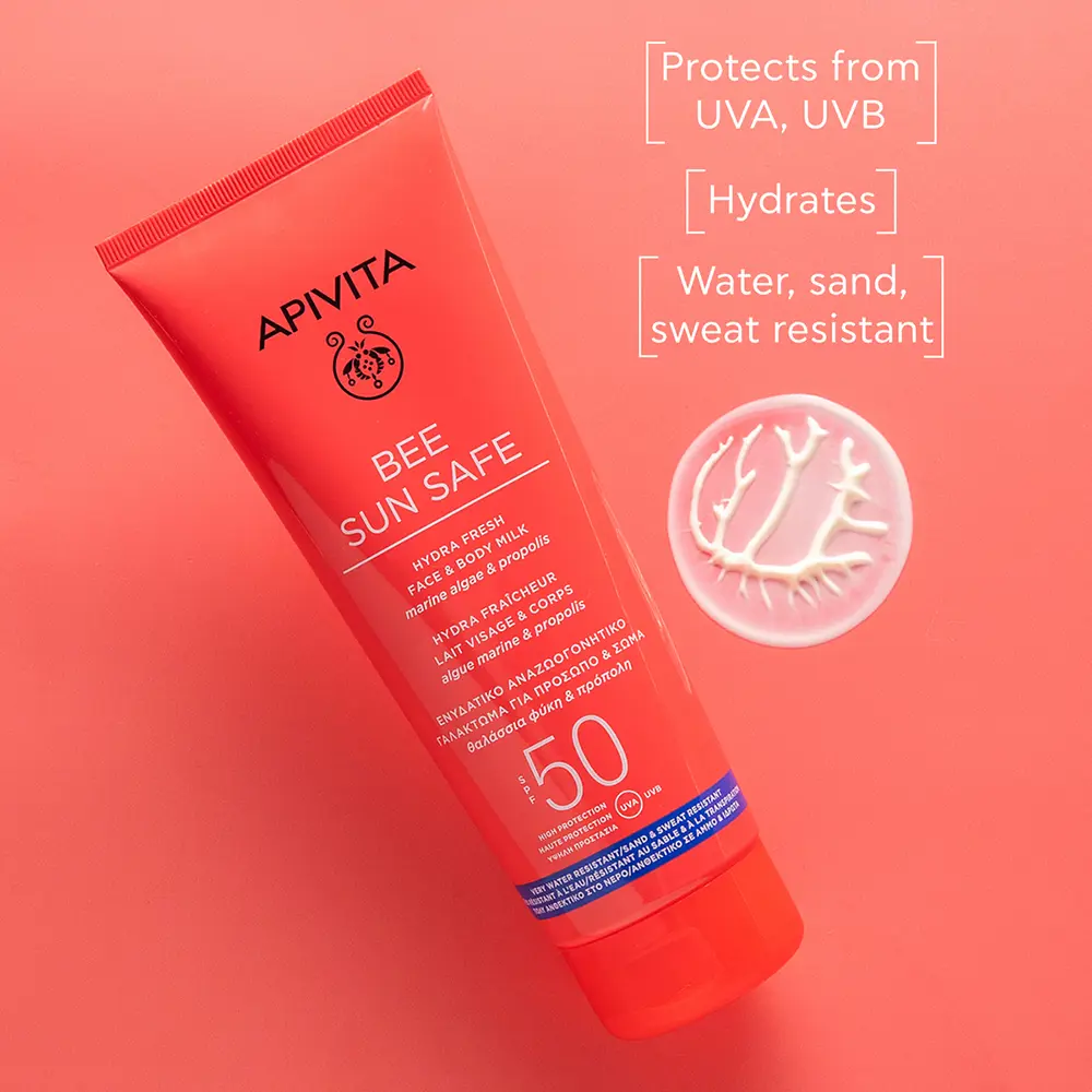 Солнцезащитный крем Bee Sun Safe Hydra Fresh Leche Para Rostro Y Cuerpo Spf 50 Apivita, 200 мл — фото 2