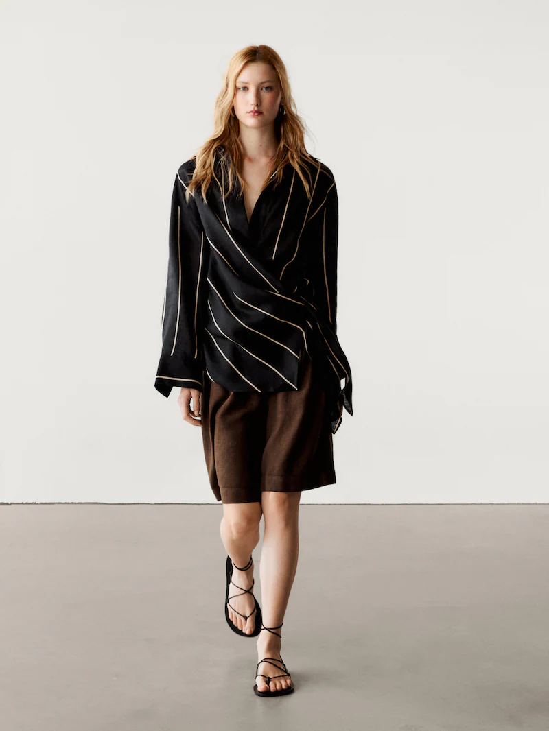 Льняные шорты-бермуды с двойной вытачкой Massimo Dutti, коричневый