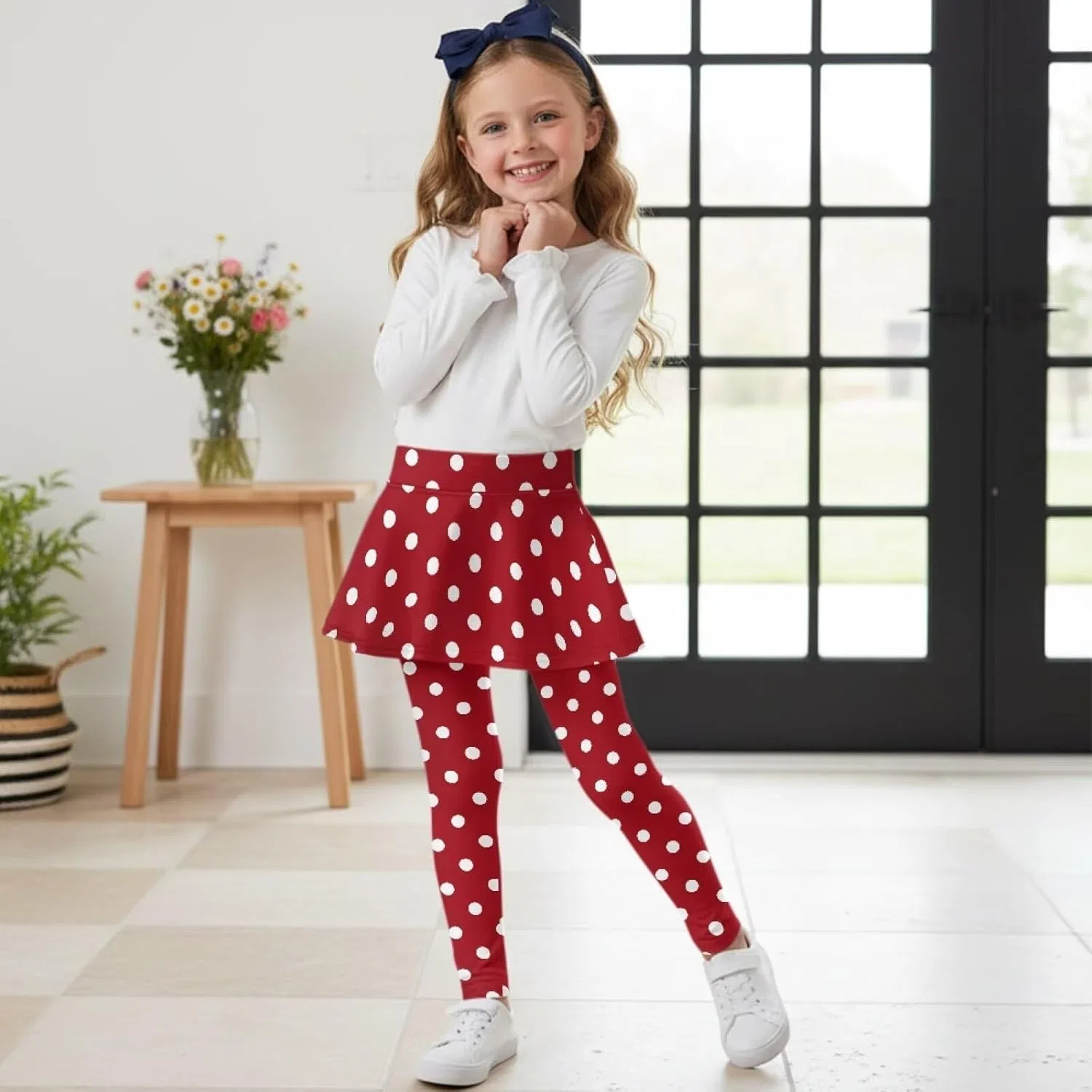 Леггинсы с юбкой для девочек Hresuewn, 2-в-1, цвет White Polka Dot-burgundy — фото 4